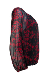 Alice & Olivia - Black & Red Rose Print Blouse Sz S - Current Boutique