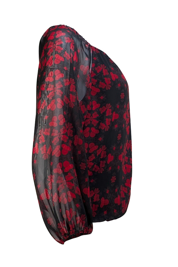 Alice & Olivia - Black & Red Rose Print Blouse Sz S - Current Boutique