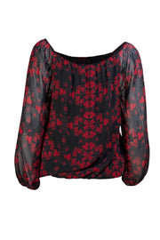 Alice & Olivia - Black & Red Rose Print Blouse Sz S - Current Boutique