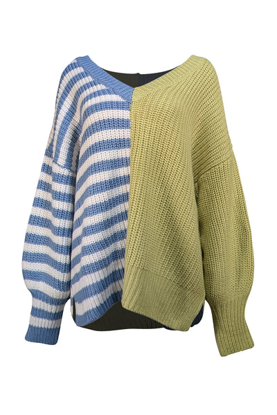 Cinq a Sept - Green w/ Blue Stripe Half & Half Sweater Sz XL - Current Boutique