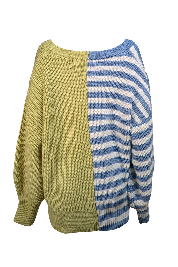 Cinq a Sept - Green w/ Blue Stripe Half & Half Sweater Sz XL - Current Boutique
