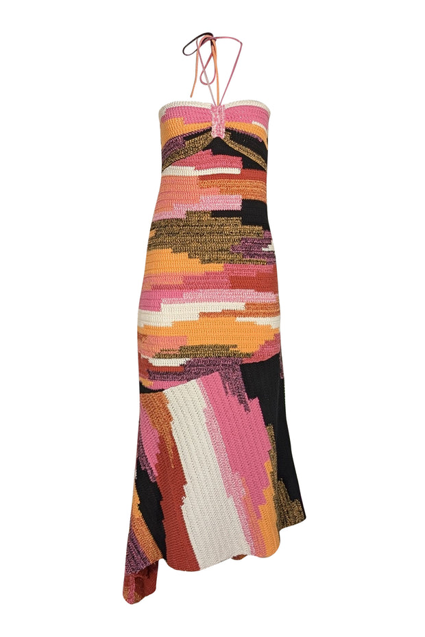 A.L.C. - Pink, Orange, White, & Black Stripe Knit Halter Dress Sz M - Current Boutique