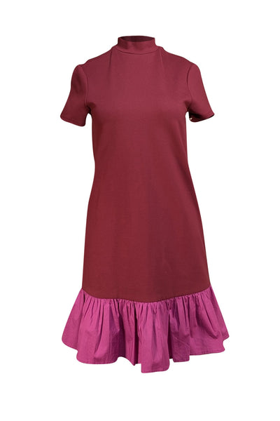 Staud - Wine Red Short Sleeve "Diam" Dress w/ Magenta Hem Sz S - Current Boutique