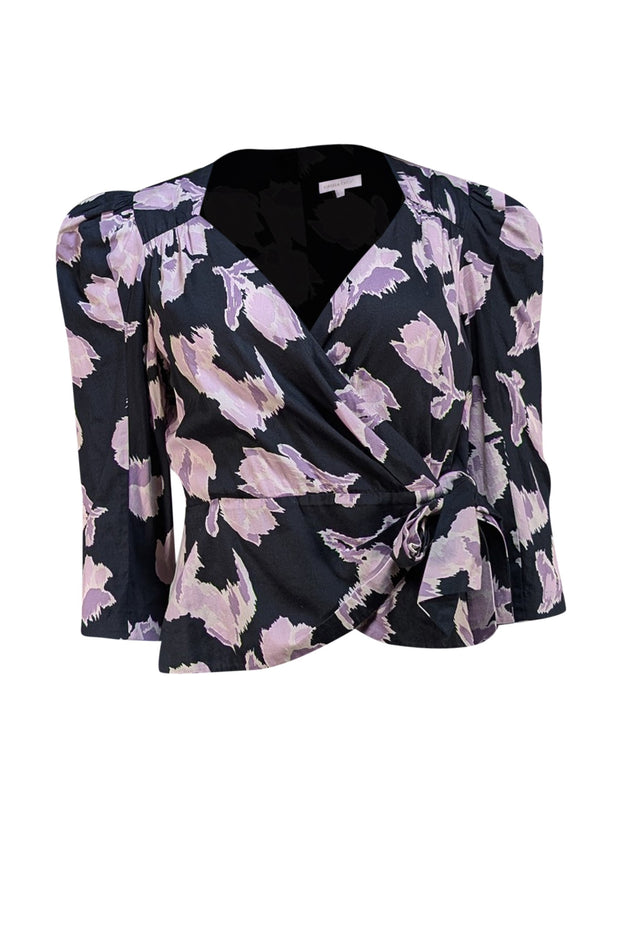 Rebecca Taylor - Black w/Pink & Purple Floral Print Wrap Top Sz 6 - Current Boutique