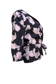 Rebecca Taylor - Black w/Pink & Purple Floral Print Wrap Top Sz 6 - Current Boutique
