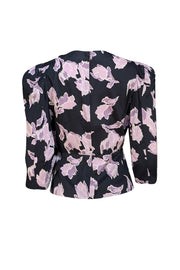 Rebecca Taylor - Black w/Pink & Purple Floral Print Wrap Top Sz 6 - Current Boutique
