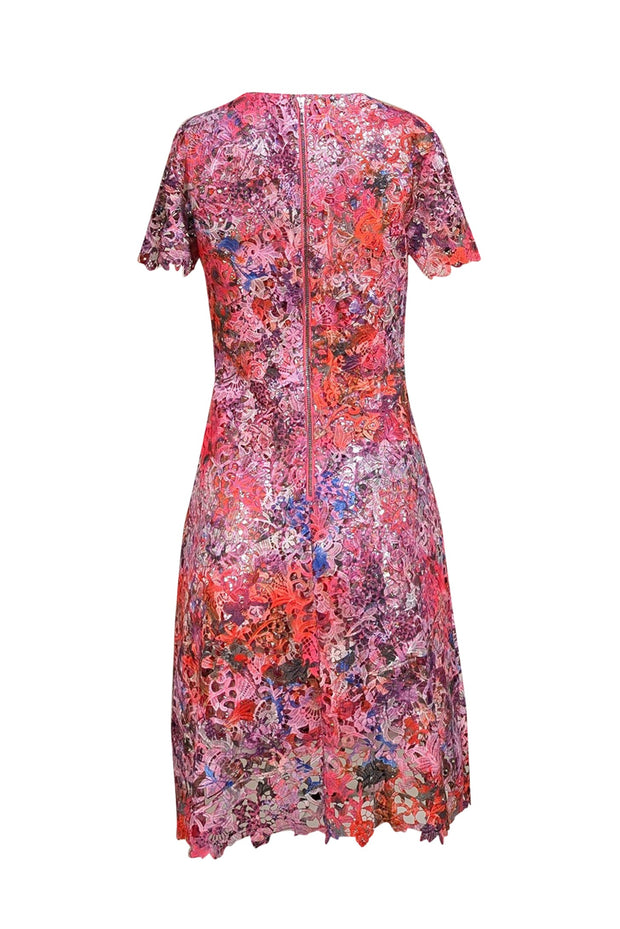 Elie Tahari - Pink, Purple, Red, & Silver Lace Short Sleeve Dress Sz 0 Elie Tahari - Pink, Purple, Red, & Silver Lace Short Sleeve Dress Sz 0