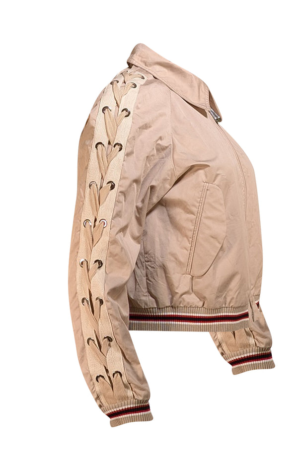 Sandro - Khaki W/ Lace Up Detail Bomber Jacket Sz 10 - Current Boutique