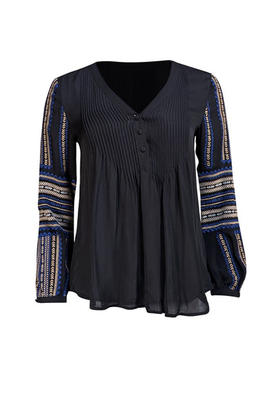Veronica Beard - Black Plisse Blouse w/ Embroidered Sleeves Sz 0 - Current Boutique