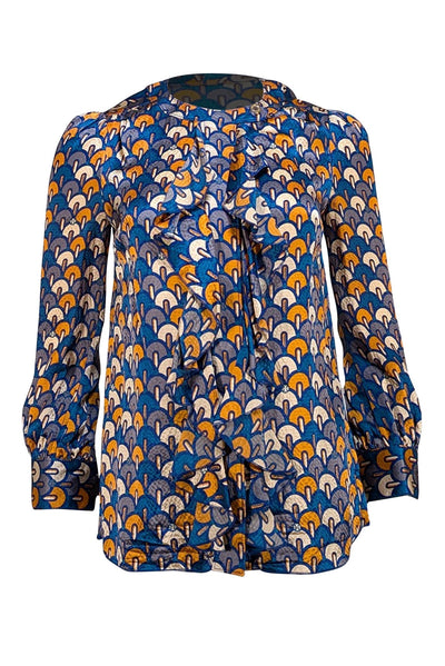 Tory Burch - Blue, Grey, & Mustard Print Ruffle Front Blouse Sz 2 - Current Boutique