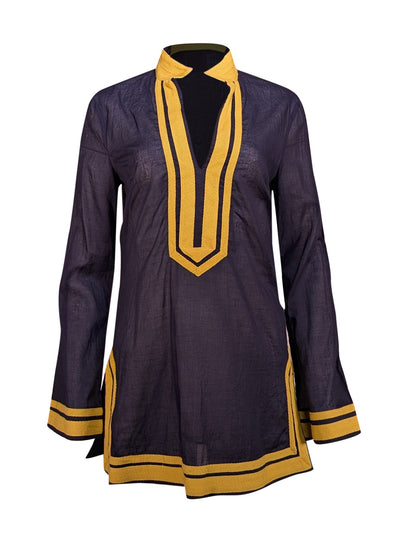 Tory Burch - Navy w/ Yellow Trim Tunic Blouse Sz 10 - Current Boutique