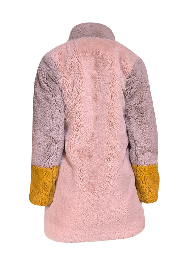 Apparis - Pink, Yellow, & Grey Color Blocked Faux Fur Coat Sz S