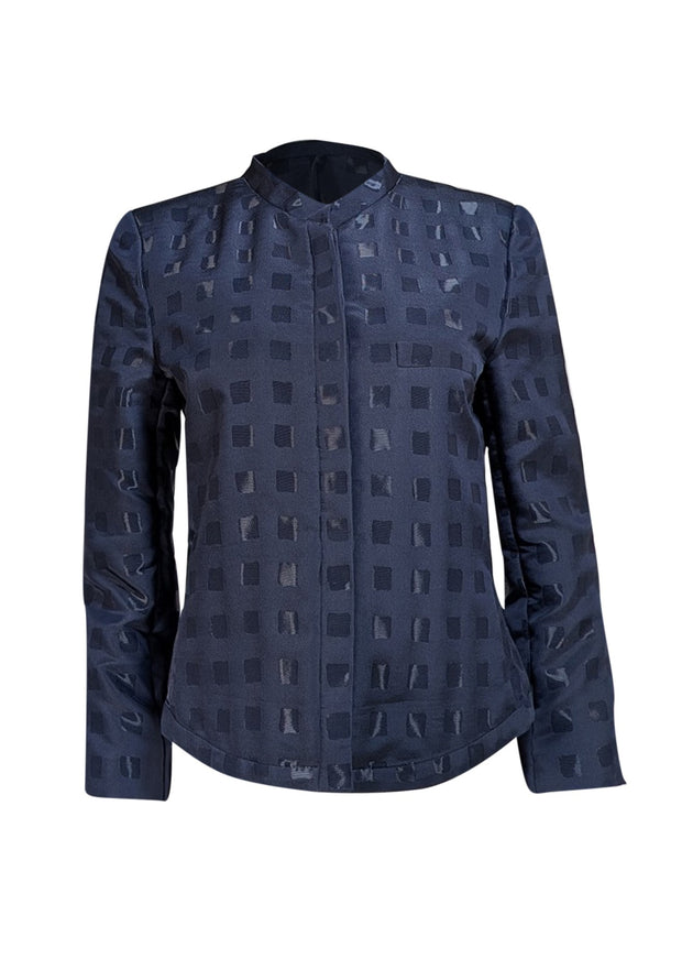 Armani Collezioni - Navy Blue Checkered Short Collar Jacket Sz 8 - Current Boutique