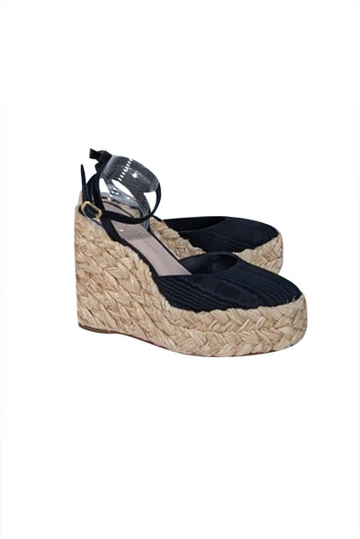 Loeffler Randall - Black Taffeta w/ Beige Raffia Wedges Sz 6 - Current Boutique