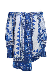 Farm - Blue & White Tapestry Print Off-The-Shoulder Blouse Sz M - Current Boutique