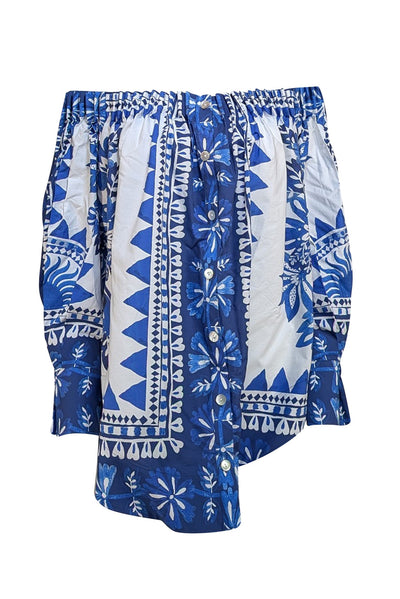 Farm - Blue & White Tapestry Print Off-The-Shoulder Blouse Sz M - Current Boutique