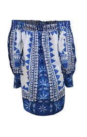 Farm - Blue & White Tapestry Print Off-The-Shoulder Blouse Sz M - Current Boutique