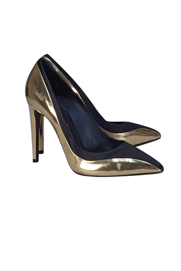 Ferragamo - Metallic Gold & Black Pointed Tow Pumps Sz 7.5 - Current Boutique