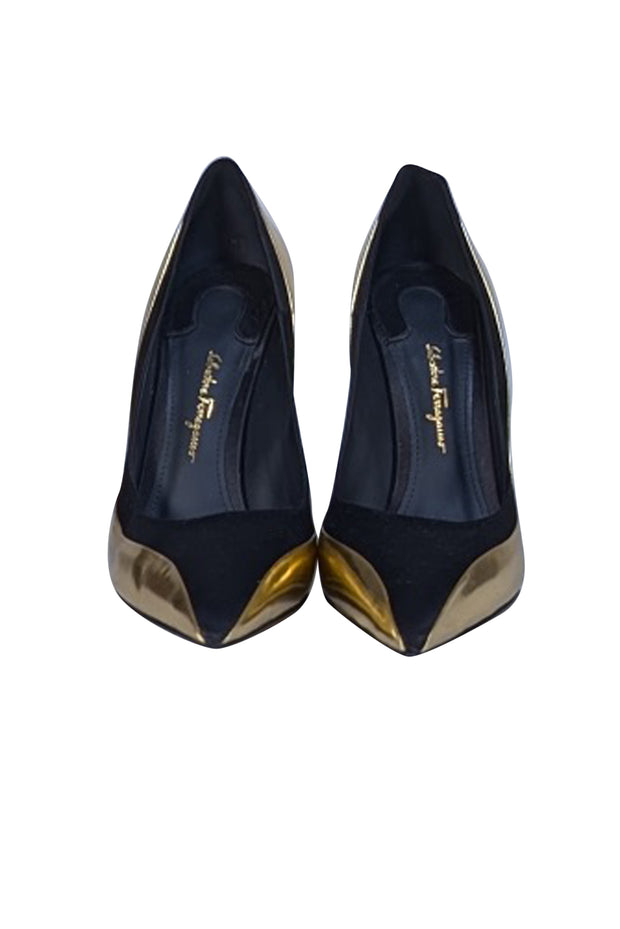 Ferragamo - Metallic Gold & Black Pointed Tow Pumps Sz 7.5 - Current Boutique