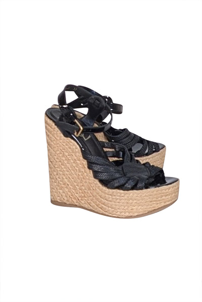 Yves Saint Laurent - Black & Beige Espadrille Platform Wedges Sz 7 - Current Boutique