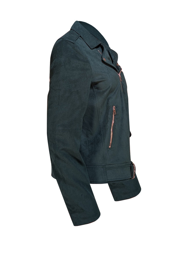 Theory - Green Faux Suede Moto Jacket Sz L - Current Boutique