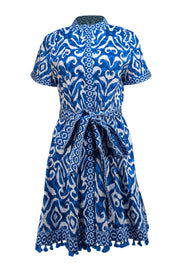 Alice & Olivia - Blue & White Print Waist Tie Dress Sz 10 - Current Boutique