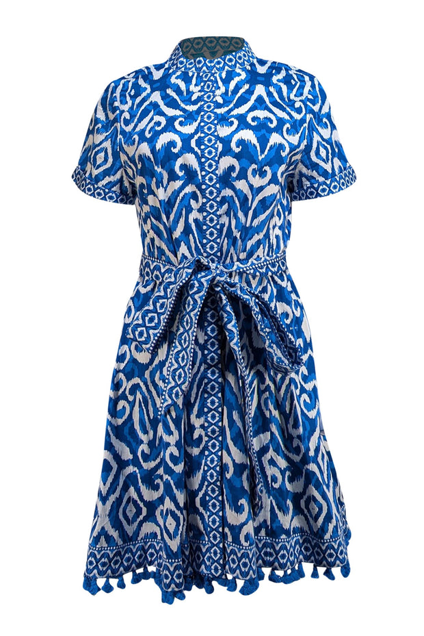 Alice & Olivia - Blue & White Print Waist Tie Dress Sz 10 - Current Boutique