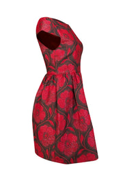 Alice & Olivia- Brown & Red Metallic Textured Floral "Nelly Puffed" Dress Sz 4