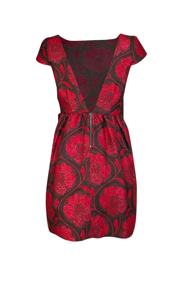 Alice & Olivia- Brown & Red Metallic Textured Floral "Nelly Puffed" Dress Sz 4