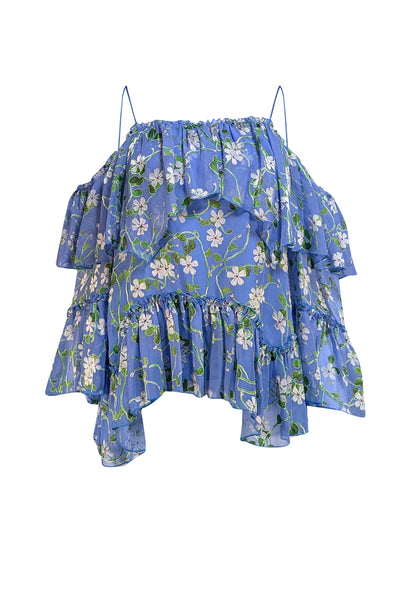 Alice & Olivia - Blue & Green Floral Cold Shoulder Blouse Sz S - Current Boutique