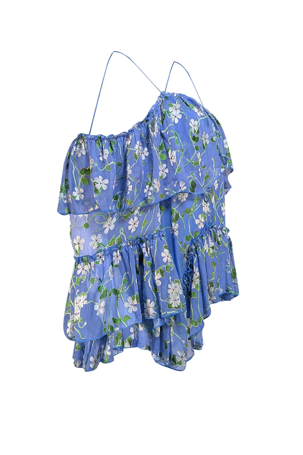 Alice & Olivia - Blue & Green Floral Cold Shoulder Blouse Sz S - Current Boutique