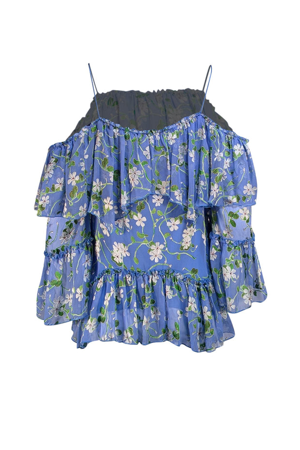 Alice & Olivia - Blue & Green Floral Cold Shoulder Blouse Sz S - Current Boutique