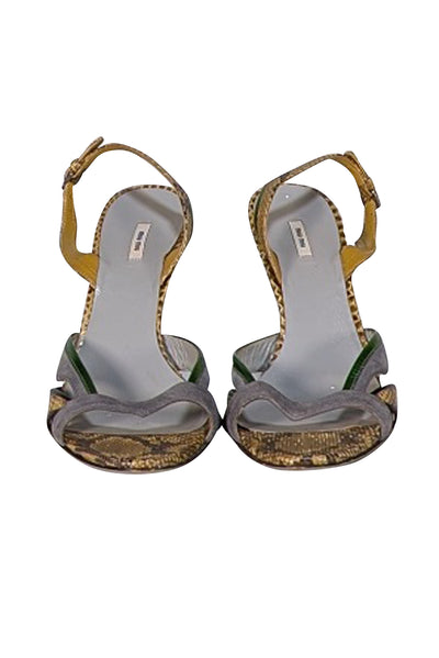 Miu Miu - Grey Suede & Olive Snakeskin Embossed Leather Strappy Pumps Sz 8.5 - Current Boutique