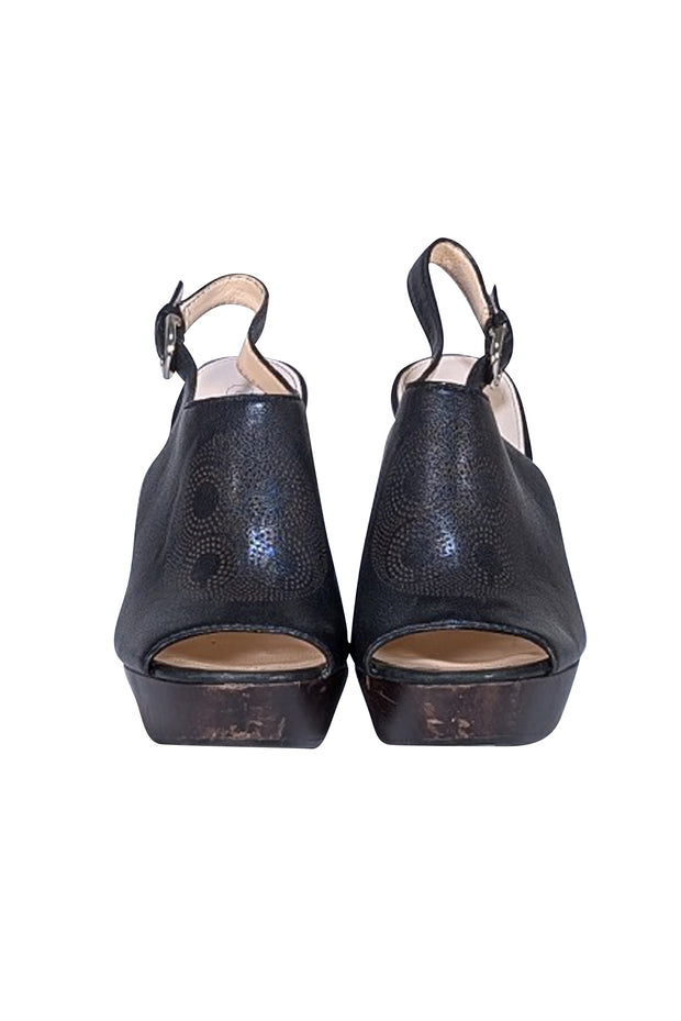 Coach - Black Leather Perforated Logo Front Jade Wedges Sz 8 - Current Boutique
