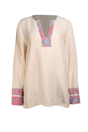 Tory Burch - Ivory W/ Multi Embroidery Linen Tunic Sz 10 - Current Boutique