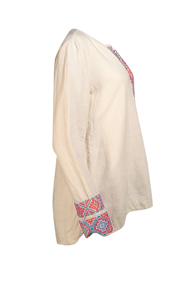 Tory Burch - Ivory W/ Multi Embroidery Linen Tunic Sz 10 - Current Boutique