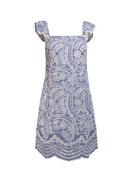 Alice & Olivia - Light Blue & White Eyelet Lace Sleeveless Dress Sz 4 - Current Boutique