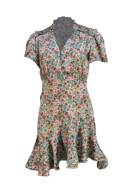 Sandro - Green & Pink Floral Satin Short Sleeve Dress Sz 4 - Current Boutique