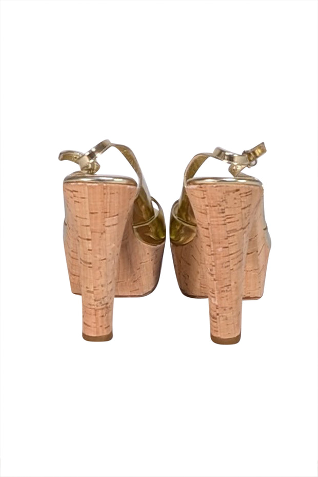 Gucci - Gold Metallic Patent Leather Cork Platfrom Sandal Heels Sz 6.5 - Current Boutique