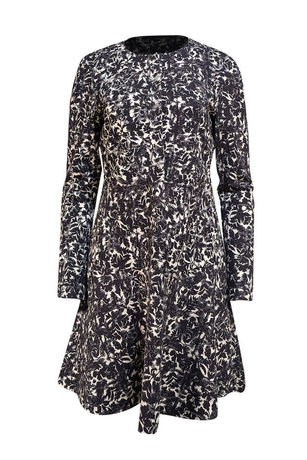 Tory Burch - Black & Cream Floral Long Sleeve Quarter Button Dress Sz M - Current Boutique