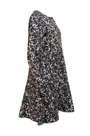 Tory Burch - Black & Cream Floral Long Sleeve Quarter Button Dress Sz M - Current Boutique