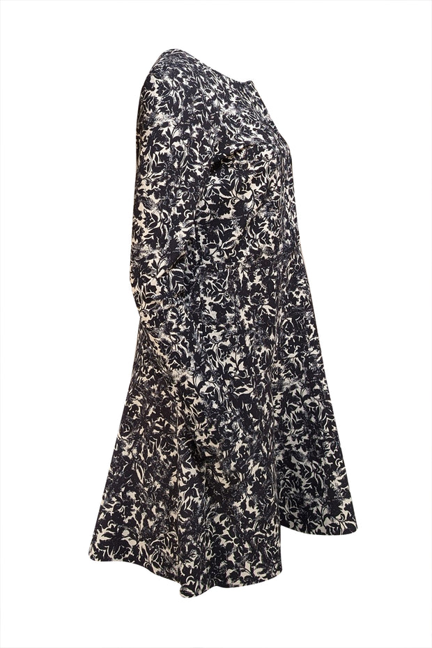Tory Burch - Black & Cream Floral Long Sleeve Quarter Button Dress Sz M - Current Boutique