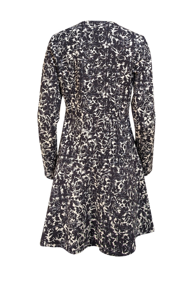 Tory Burch - Black & Cream Floral Long Sleeve Quarter Button Dress Sz M - Current Boutique