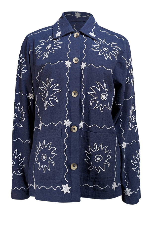 Sissel Edelbo - Navy Beaded "My Jacket" Shirt Jacket Sz M - Current Boutique