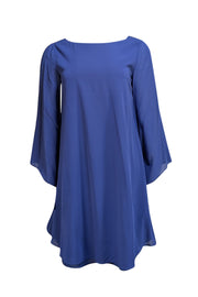 Alice & Olivia - Blue Silk Dress w/ Lace Trimmed Flared Sleeves Sz M - Current Boutique