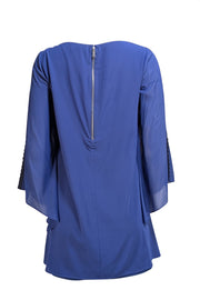 Alice & Olivia - Blue Silk Dress w/ Lace Trimmed Flared Sleeves Sz M - Current Boutique