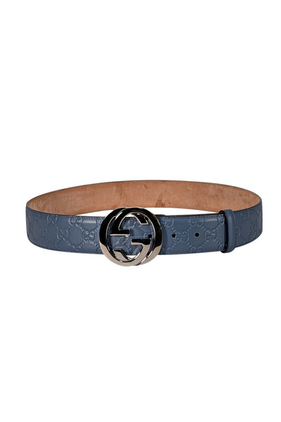 Gucci - Blue Leather Monogram Embossed Belt Sz 10 - Current Boutique