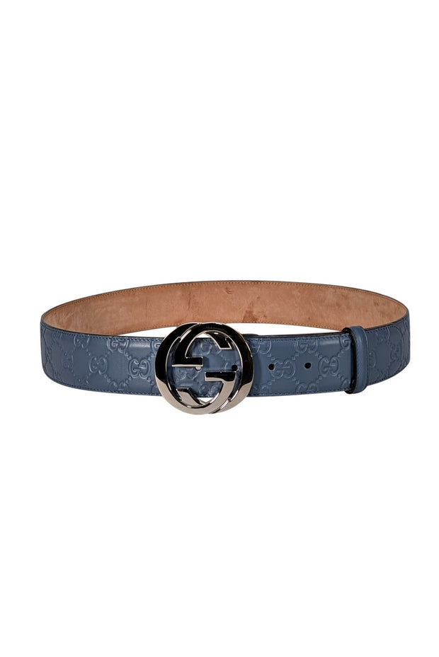 Gucci - Blue Leather Monogram Embossed Belt Sz 10 - Current Boutique