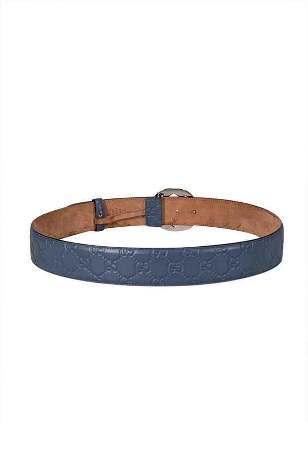 Gucci - Blue Leather Monogram Embossed Belt Sz 10 - Current Boutique