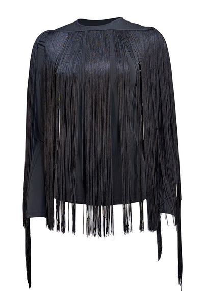 Lafayette 148 - Black Fringe Covered Long Sleeve Shirt Sz S - Current Boutique